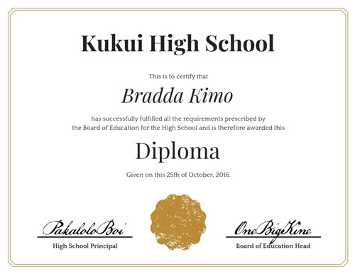 Kukui High School Diploma Certificate